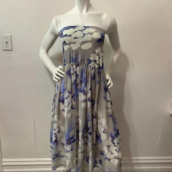 Free People Gray & Blue Floral Strapless Tube Midi Dress Size Medium - Picture 1 of 3